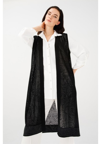 Çiçek Desenli Uzun Triko Yelek-Siyah modelleri