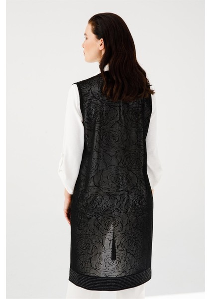 Çiçek Desenli Uzun Triko Yelek-Siyah fırsatları