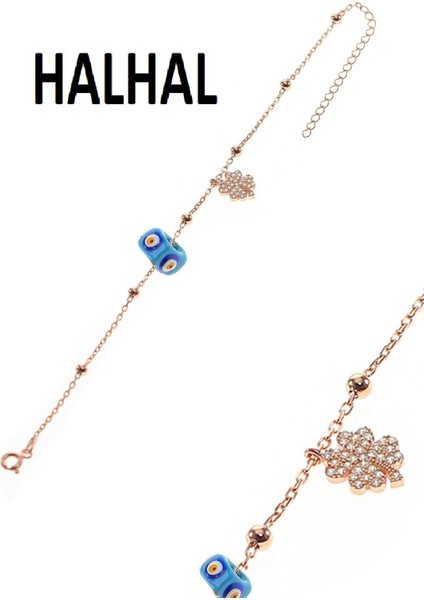 Gümüş Yonca ve Mineli Turkuaz Taşlı Toplu Zincir Halhal