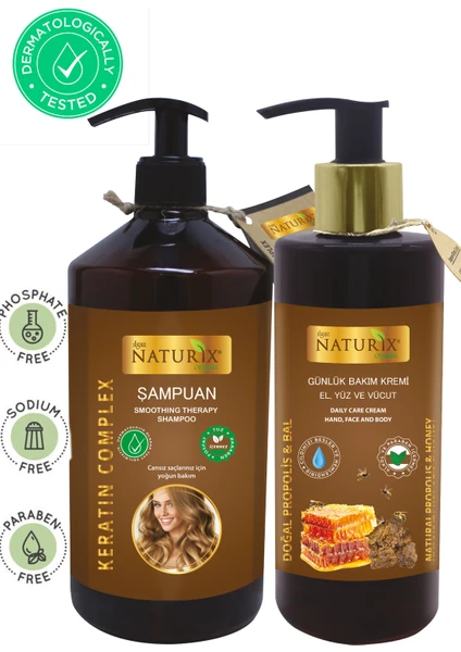 Tuzsuz Keratin Brezilya Fön Sonrası Şampuan 600 ml + Bal & Propolis El Yüz Vücut Losyonu 250 ml