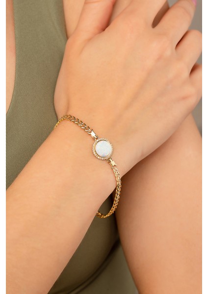 14 Ayar Altın Yuvarlak Opal Pars Bileklik