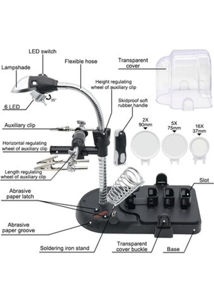 Masa Üstü Işıklı Büyüteç Çalışma Lambası El Tipi Büyüteç Lup Mercek 3 Başlı Tamir Seti