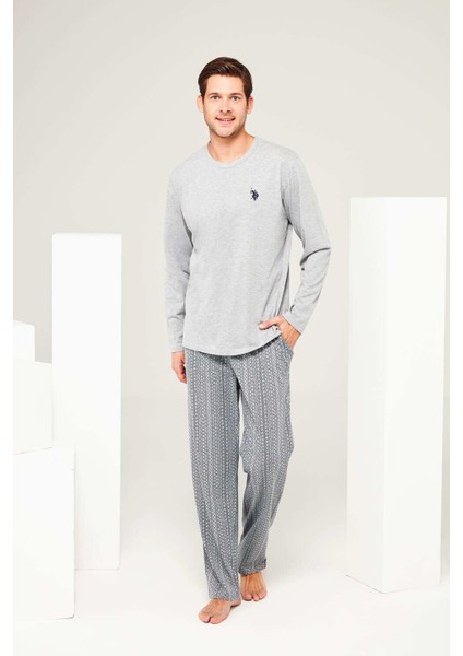Erkek Gri Melanj Yuvarlak Yaka Pijama Takımı