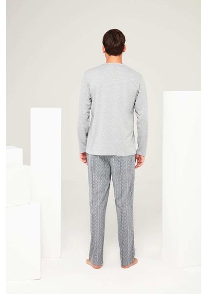 Erkek Gri Melanj Yuvarlak Yaka Pijama Takımı modelleri
