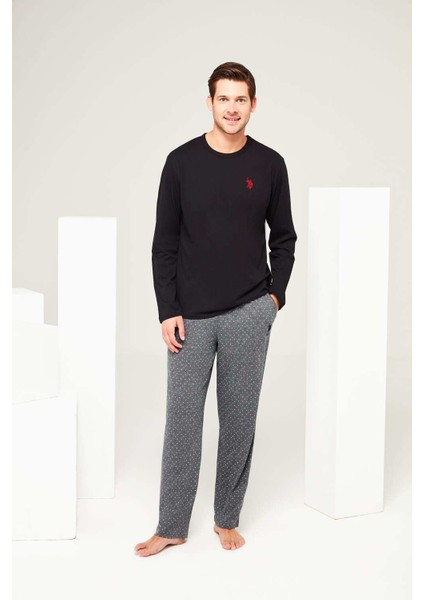 Erkek Siyah Yuvarlak Yaka Pijama Takımı