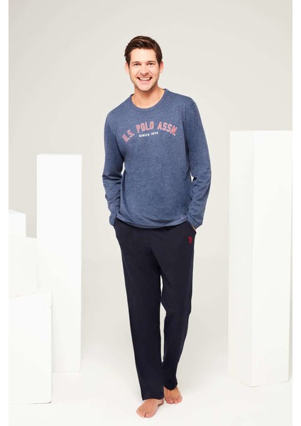 Erkek Lacivert Melanj Yuvarlak Yaka Pijama Takımı