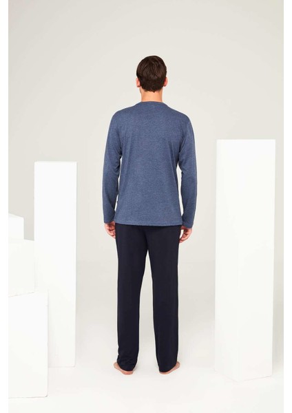 Erkek Lacivert Melanj Yuvarlak Yaka Pijama Takımı modelleri