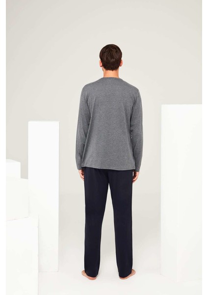 Erkek Antrasit Melanj Yuvarlak Yaka Pijama Takımı modelleri