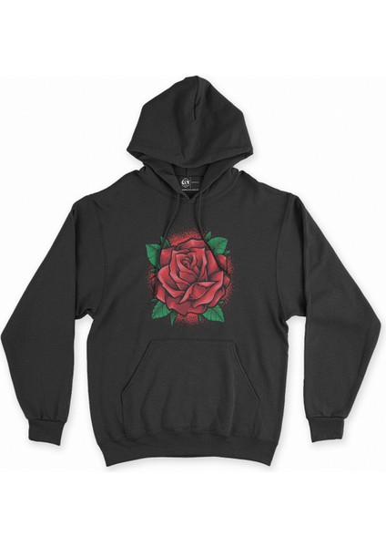 Cix Kırmızı Gül Siyah Kapşonlu Sweatshirt Hoodie