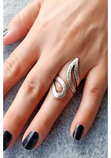 Antik Gümüş Kaplama Geometrik Şekilli El Yapımı Ayarlanabilir Yüzük