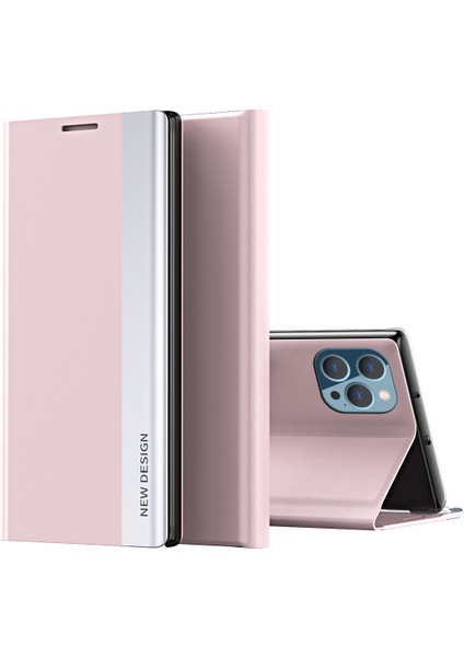 iPhone 12 Pro Max Için Ince Flip Deri Manyetik Kılıf Kapaklı Pembe (Yurt Dışından)