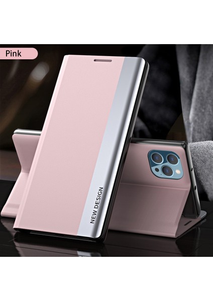 iPhone 12 Pro Max Için Ince Flip Deri Manyetik Kılıf Kapaklı Pembe (Yurt Dışından)