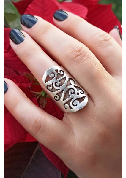 Antik Gümüş Kaplama Otantik Şekilli El Yapımı Ayarlanabilir Yüzük