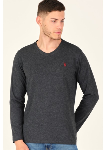 T8587 DEWBERRY V YAKA ERKEK UZUN KOL T-SHIRT-KOYU ANTRASİT