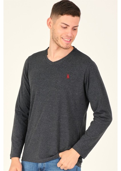 T8587 DEWBERRY V YAKA ERKEK UZUN KOL T-SHIRT-KOYU ANTRASİT modelleri