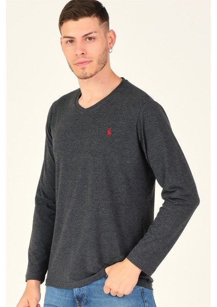T8587 DEWBERRY V YAKA ERKEK UZUN KOL T-SHIRT-KOYU ANTRASİT indirimleri