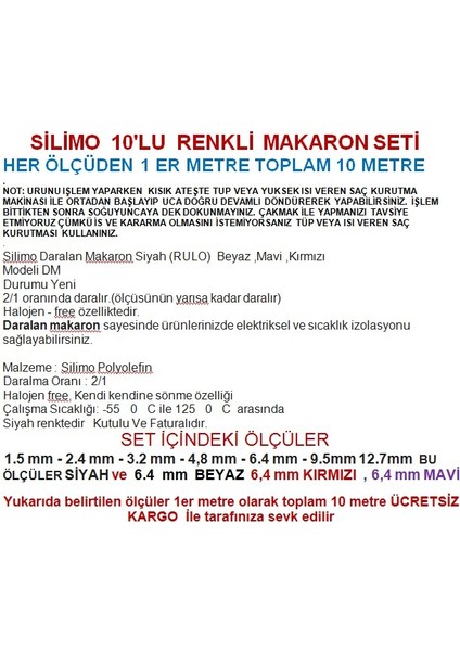Daralan Makaron 10'lu Renkli Set (1'er Metre)