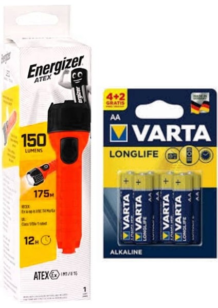 Atex 150 Lumen Fener + Varta Alkalın Aa Kalem Pil 6 Lı