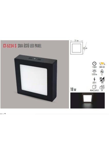 CT-5234 18W Alm. S.ü LED Armatür Kare (Siyah Kasa) Beyaz Işık Cata fiyatları