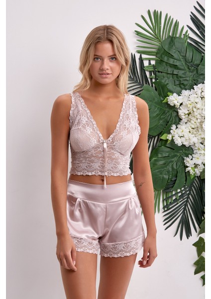 Pudra Dantel Büstiyertli Saten Şort Takım