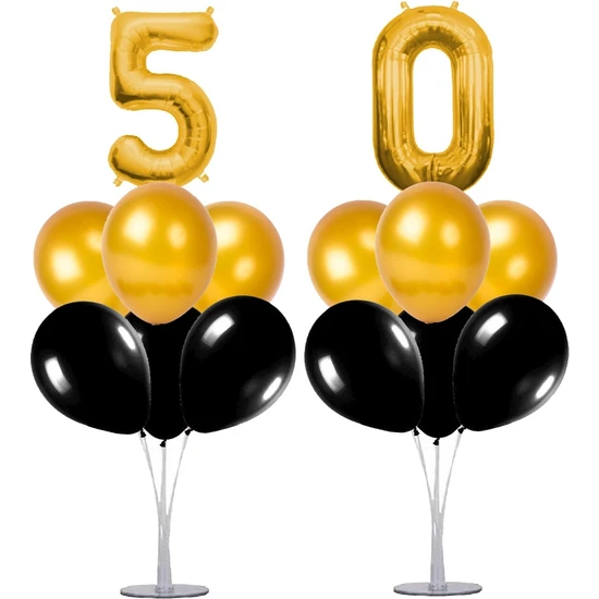 Partisüs 50 Yaş Siyah-Altın Balon Standlı Doğum Günü Balon Süsleme Seti 24 Parça
