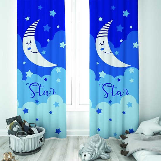 İnstababyrooms Mavi Yıldızlar Ay Desenli Çocuk Odası Çift Kanat Fon Perde