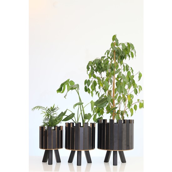 Hakan Mobilya Siyah Ahşap Siyah Ayaklı 3'lü Kale Model Saksı Seti Dekoratif Çiçeklik Bahçe Aksesuarı