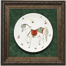 Otantik Çini Minyatür At Dekorlu Paspartu Tablo Otantik Çini Hermes Modeli 57X57 cm Dir.