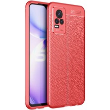 Case World Vivo V21E Kılıf Darbe Korumalı Deri Görünümlü Silikon Arka Kapak - Kırmızı
