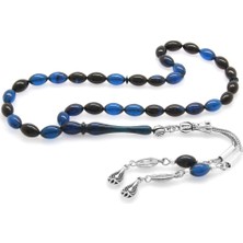 DAVİD BLACK Kararmaz Metal Su Damlası Püsküllü Arpa Kesim Bilek Boy Mavi-Siyah Sıkma Kehribar Tesbih