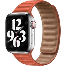 AktarMobile Apple Watch 7 6 Se 5 4 3 2 1 - 42 / 44 / 45 mm Uyumlu Baklalı Model Deri Kayış Mıknatıslı Kordon Turuncu