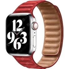 AktarMobile Apple Watch 7 6 Se 5 4 3 2 1 - 38 / 40 / 41 mm Uyumlu Baklalı Model Deri Kayış Mıknatıslı Kordon Kırmızı