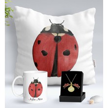 BK Kişiye Özel Uğurböceği Temalı Yastık Kupa ve Açılan Uğurböceği Kolye Hediye Seti-3