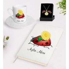 BK Kişiye Özel Uğurböceği Temalı Beyaz Defter Türk Kahvesi Fincanı ve Açılan Uğurböceği Kolye Hediye Seti-2