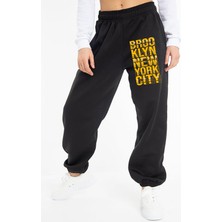 Bluu Unisex Mevsimlik Kumaş Elastik Bel Baskılı Joggers Pantolon Eşofman Altı Siyah