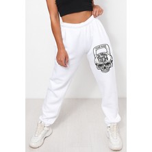 Bluu Unisex Mevsimlik Kumaş Elastik Bel Baskılı Joggers Pantolon Eşofman Altı Beyaz