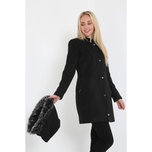 Kmk Kadın Kısa Kaşmir Kaşe Kapşonlu Kürklü Kaban Mont