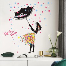 Sheker Home Şemsiyeli Kız Kalpli Renkli Duvar Sticker Seti
