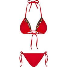 Bonesta Swimwear Boru Boncuk Aksesuarlı Kırmızı Üçgen Bikini Takımı