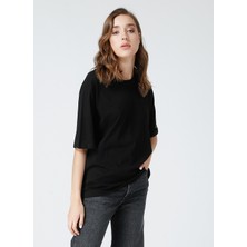 Fabrika Bisiklet Yaka Düz Siyah Kadın T-Shirt DANTITA