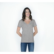 Think Simple Kadın Derin V Yaka Penye T-Shirt- Gri