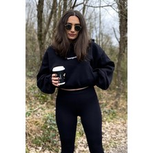 Basegard Kadın Siyah Şardonlu Oversize Basic Kapüşonlu Cep Detaylı Sweatshirt