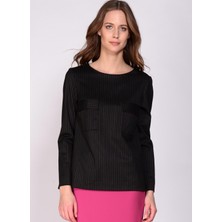 House Of Camellia Siyah Çizgili Dar FitBisiklet Yaka Kadın Gömlek