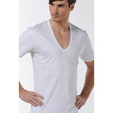 Çift Kaplan Erkek Derin V Yaka Beyaz T-Shirt 0936