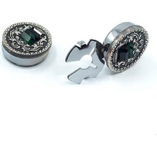 Kravatkolik Gümüş Renk Motifli Yeşil Taşlı Geçmeli Kol Düğmesi GC01