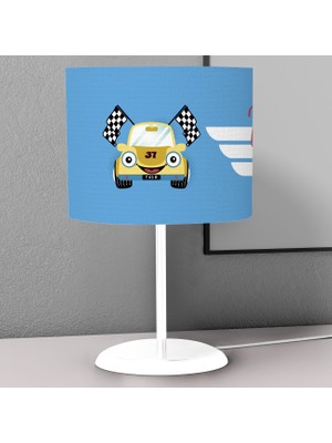 instababyrooms Mavi Yarış Arabası Desenli Çocuk Odası Dijital Baskılı Çocuk Odası Masaüstü Abajur Avize