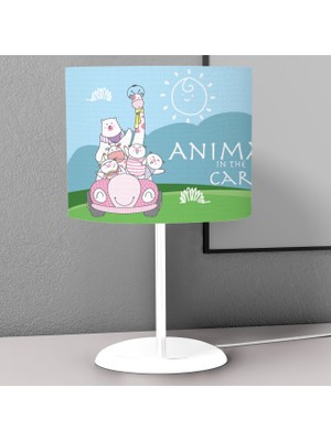 instababyrooms Açık Mavi Hayvanlar ve Araba Desenli Çocuk Odası Dijital Baskılı Çocuk Odası Masaüstü Abajur Avize