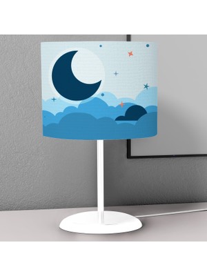 instababyrooms Mavi Ay ve Yıldız Desenli Çocuk Odası Dijital Baskılı Çocuk Odası Masaüstü Abajur Avize