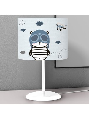 instababyrooms Mavi Pilot Panda Desenli Çocuk Odası Dijital Baskılı Çocuk Odası Masaüstü Abajur Avize