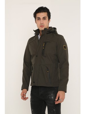 Kmk Rkek Haki Kapüşonlu Softshell Su ve Rüzgar Geçirmez Cep Detaylı Içi Kürklü Kapüşonlu Mont